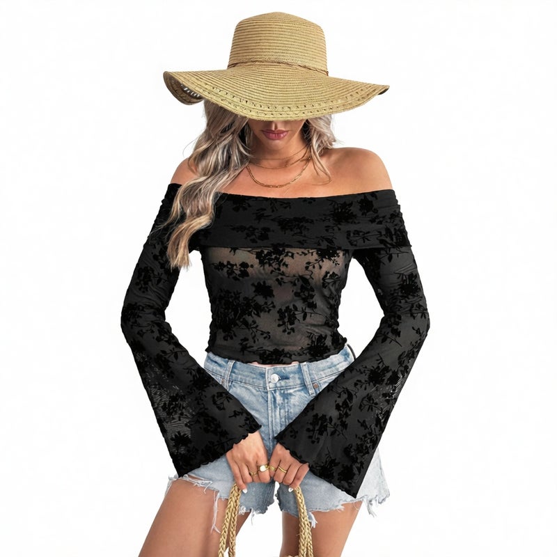 Women's Knit Mesh Flocked Floral Print Off-Shoulder Flared Sleeve Fitted T-Shirt Top