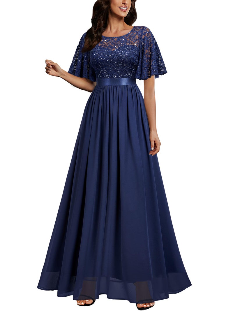 Miusol Women's Elegant Sequin Lace Butterfly Sleeve Formal Evening Maxi Dress (X-Large, Navy Blue) - Image 1
