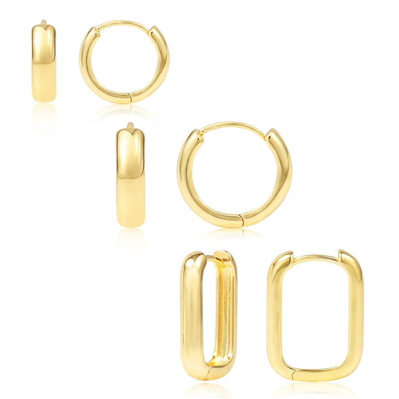 Gold Oval Huggie Hoop Earrings for Women 14K Gold Plated Hypoallergenic Small Square Huggies Hoops Earring Sets3 Pairs