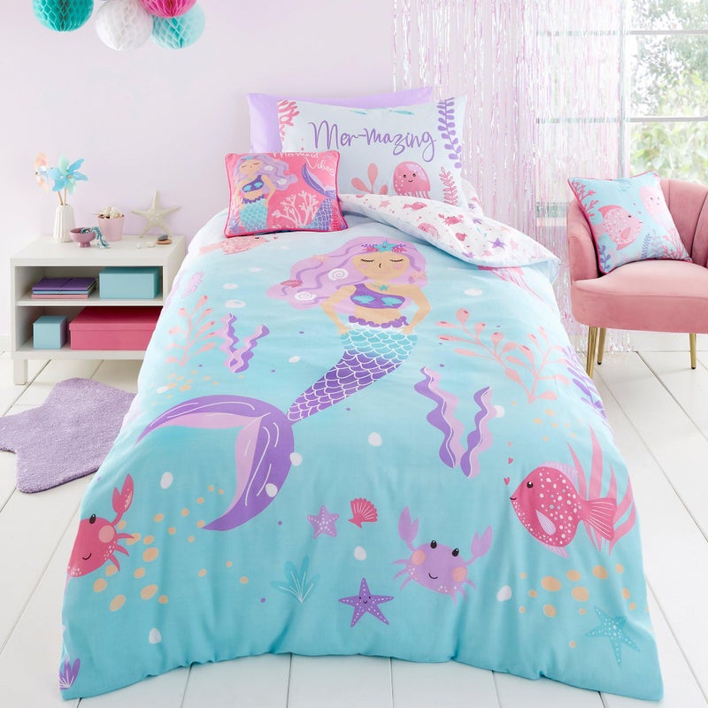 Bedlam  Mermaid Duvet Cover  Single Bedding Size 200 x 140cm  Reversible 2 Designs  Ocean Sea Animals Duvet Cover for Girls  Mermaid Bedding for Girls  Mermaid Bedroom Decor