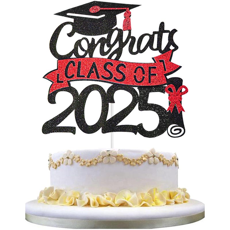 Chewarelly 1 Pack 2025 Class Of cake Topper  Glitter Congrats Grad Cake Decor Graduation Cake Picks for Senior High School College Grad Party Decorations Supplies(Black with Red) A - Image 1
