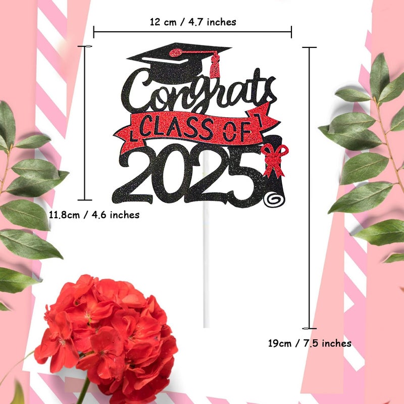 Chewarelly 1 Pack 2025 Class Of cake Topper  Glitter Congrats Grad Cake Decor Graduation Cake Picks for Senior High School College Grad Party Decorations Supplies(Black with Red) A - Image 2