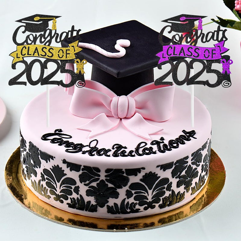 Chewarelly 1 Pack 2025 Class Of cake Topper  Glitter Congrats Grad Cake Decor Graduation Cake Picks for Senior High School College Grad Party Decorations Supplies(Black with Red) A - Image 5