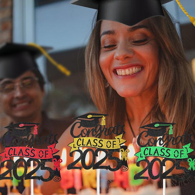 Chewarelly 1 Pack 2025 Class Of cake Topper  Glitter Congrats Grad Cake Decor Graduation Cake Picks for Senior High School College Grad Party Decorations Supplies(Black with Red) A - Image 3