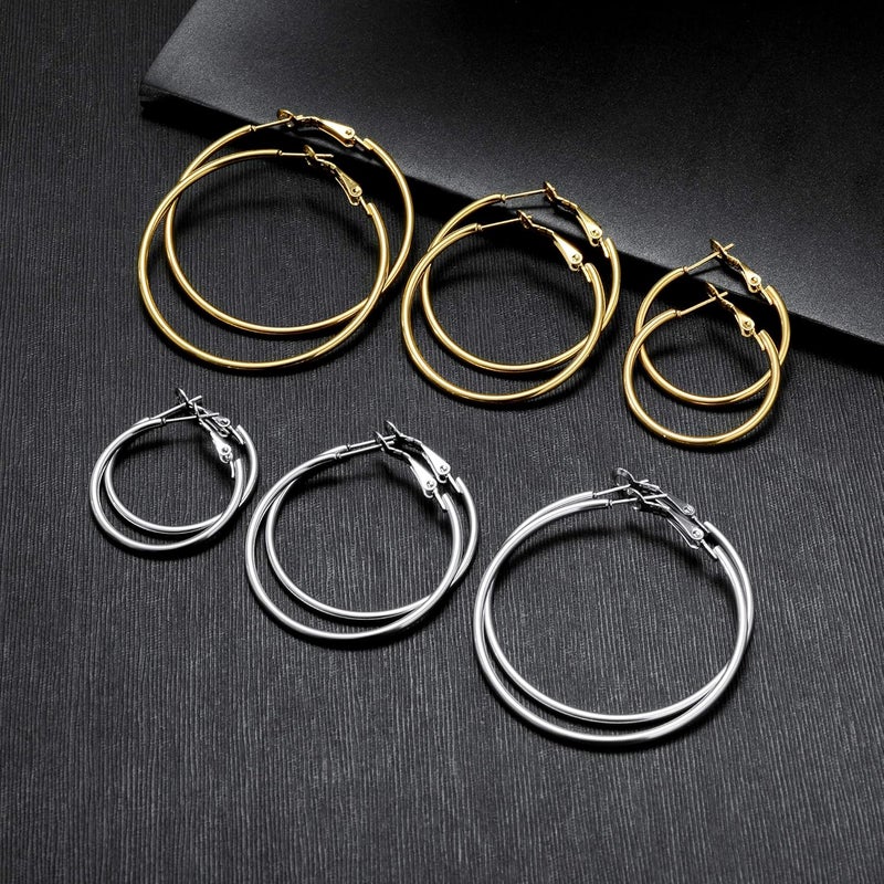 Nan 6 Pairs Stainless Steel Gold Silver Plated Hoop Earrings for Women - Image 4
