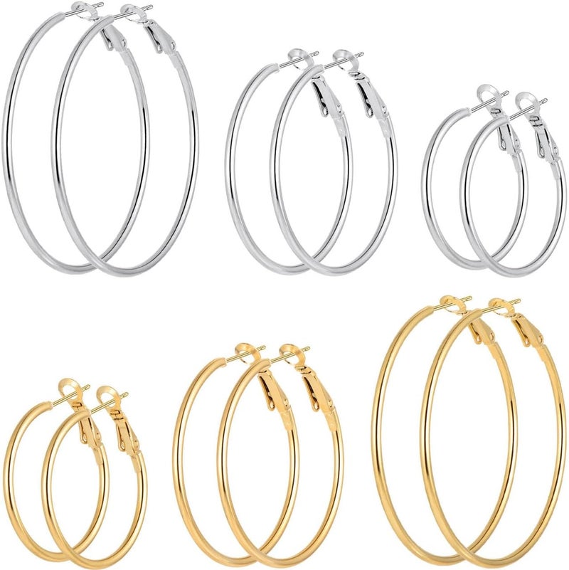 Nan 6 Pairs Stainless Steel Gold Silver Plated Hoop Earrings for Women - Image 1