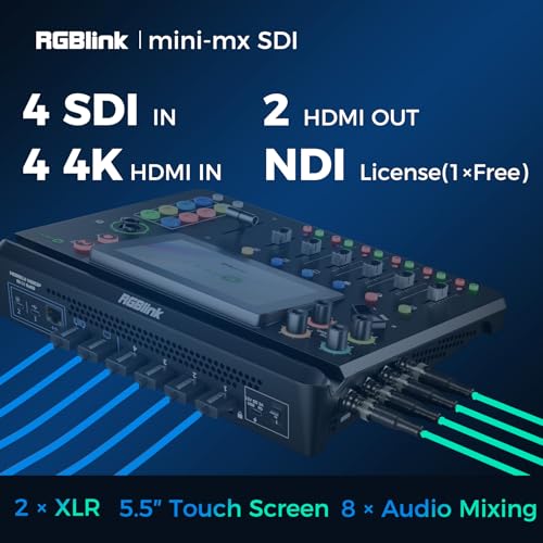 RGBlink mini-mx SDI,Multi-Camera Video Switcher for Live Streaming, 10-Channel Broadcast Switcher with 4K HDMI, SDI, UVC/NDI, 5.5" Touchscreen, 2 XLR Audio Mixer, Streaming via OBS,YouTube, RTMP - Image 2