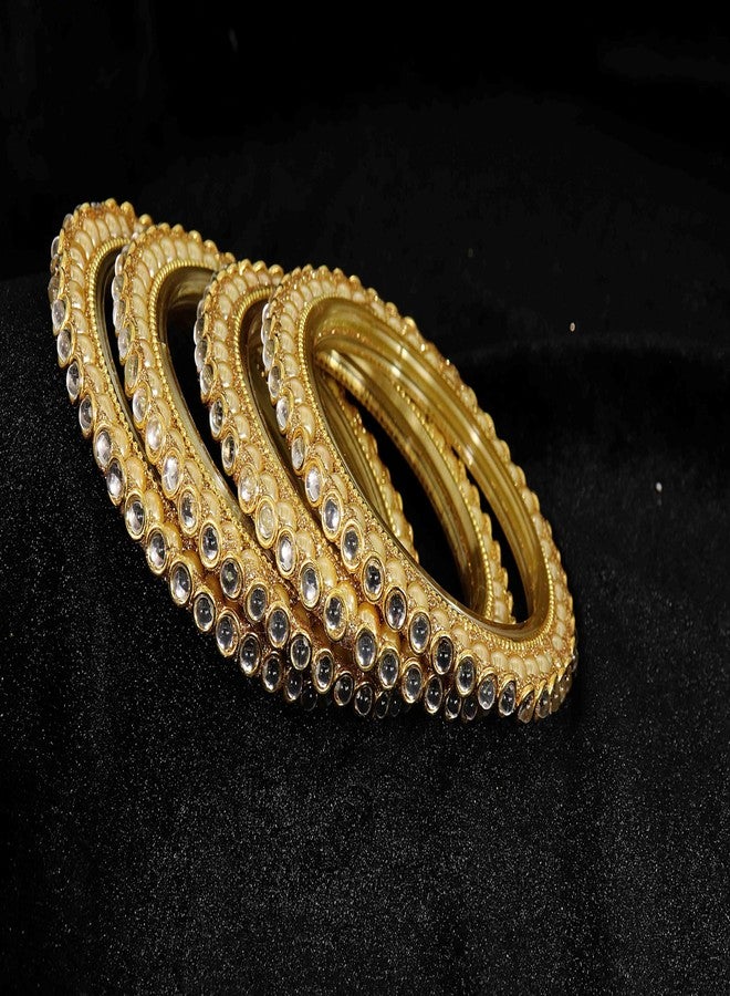 NMII طقم أساور كادا تقليدي من زجاج NMII مرصع بأحجار الزركون الذهبية واللؤلؤ للنساء والفتيات | طقم كادا | أساور زجاجية للنساء | طقم كانجان | كادا للنساء | كادا ذهبي - (NAB95-GoldWhite-2.4) - Image 4