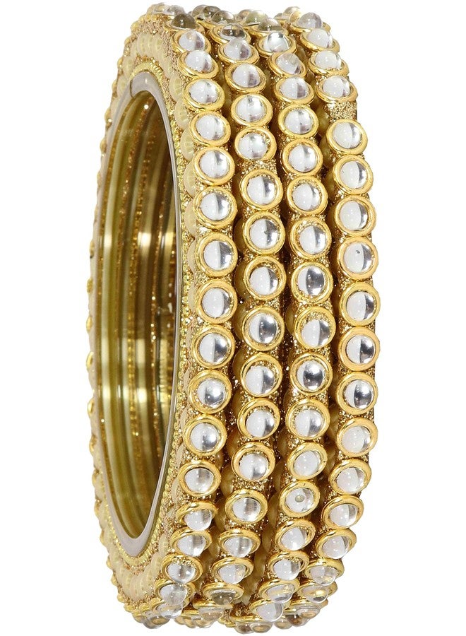 NMII طقم أساور كادا تقليدي من زجاج NMII مرصع بأحجار الزركون الذهبية واللؤلؤ للنساء والفتيات | طقم كادا | أساور زجاجية للنساء | طقم كانجان | كادا للنساء | كادا ذهبي - (NAB95-GoldWhite-2.4) - Image 1