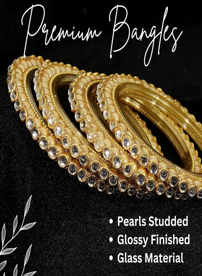 NMII طقم أساور كادا تقليدي من زجاج NMII مرصع بأحجار الزركون الذهبية واللؤلؤ للنساء والفتيات | طقم كادا | أساور زجاجية للنساء | طقم كانجان | كادا للنساء | كادا ذهبي - (NAB95-GoldWhite-2.4) - Image 5