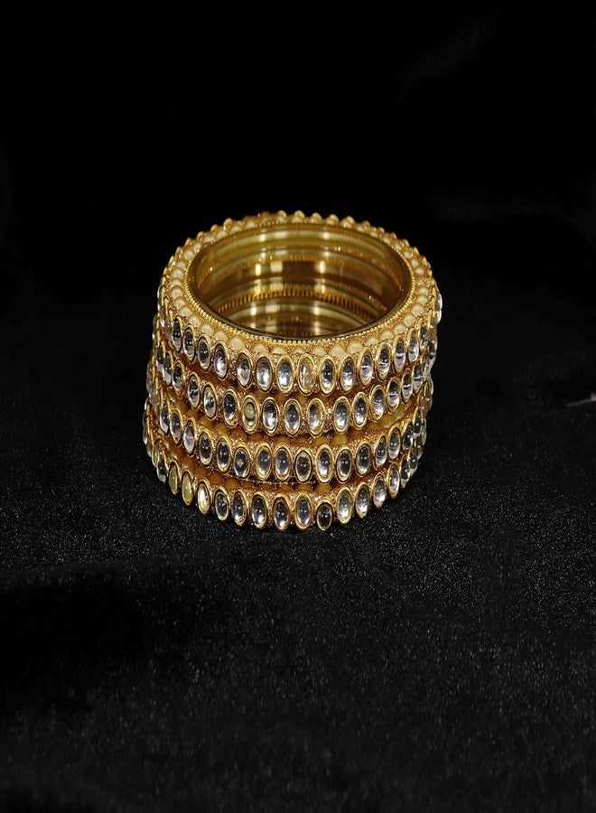 NMII طقم أساور كادا تقليدي من زجاج NMII مرصع بأحجار الزركون الذهبية واللؤلؤ للنساء والفتيات | طقم كادا | أساور زجاجية للنساء | طقم كانجان | كادا للنساء | كادا ذهبي - (NAB95-GoldWhite-2.4) - Image 3