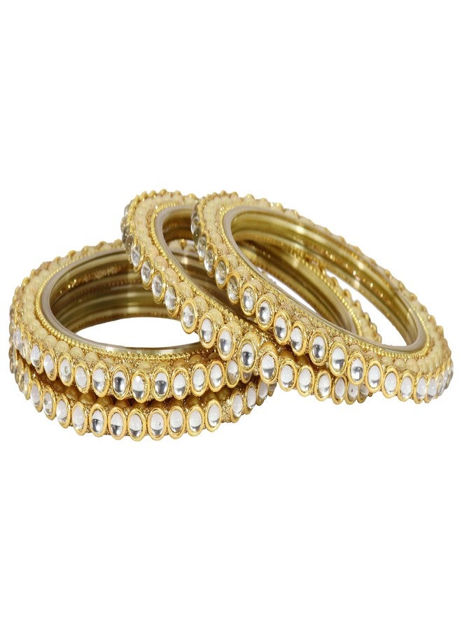 NMII طقم أساور كادا تقليدي من زجاج NMII مرصع بأحجار الزركون الذهبية واللؤلؤ للنساء والفتيات | طقم كادا | أساور زجاجية للنساء | طقم كانجان | كادا للنساء | كادا ذهبي - (NAB95-GoldWhite-2.4) - Image 2