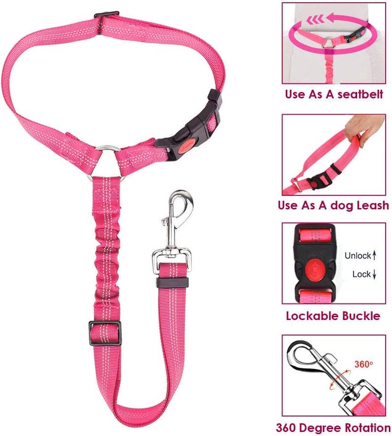 Lukovee Dog Car Seat Belt, 2 Pack Headrest Restraint Seatbelt, Adjustable Pet Safety Leads with Reflective Elastic Bungee for Dog Harness Collar Travel Daily Use (Fluorescent Pink,Headrest) - Image 3