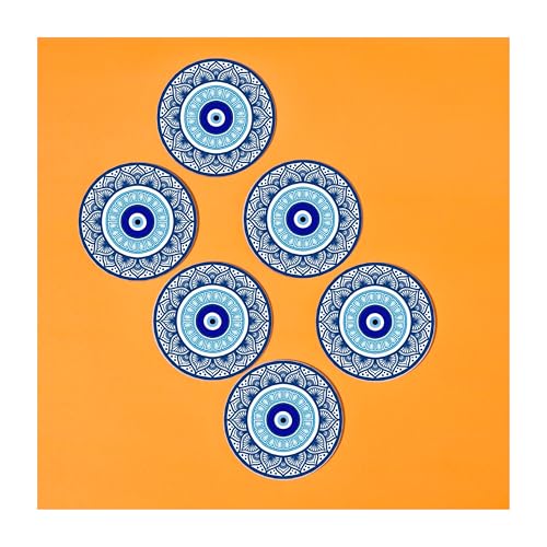 Tajnan Evil Eye Mandala Coasters – Set of 6 Round Drink Coasters with Blue Nazar Protection Design for Home & Office Décor - Image 2