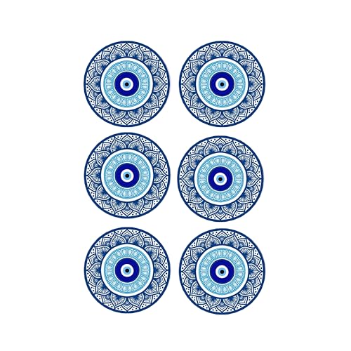Tajnan Evil Eye Mandala Coasters – Set of 6 Round Drink Coasters with Blue Nazar Protection Design for Home & Office Décor - Image 1