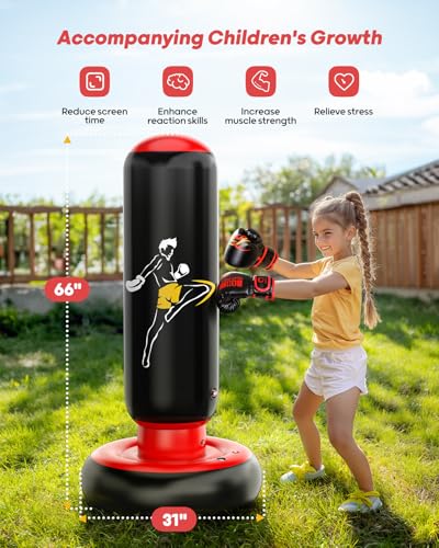 QPAU Kids Punching Bag Toy with Boxing Gloves, 66 Inch Larger Stable Kids Inflatable Boxing Bag Set, Gifts for Boys & Girls Age 6-12, for Practicing Karate, Taekwondo, MMA - Image 3