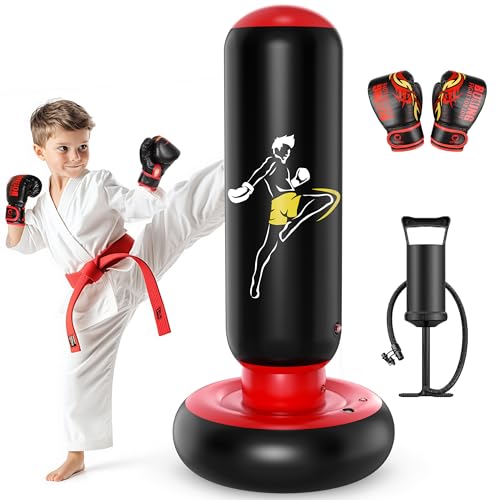 QPAU Kids Punching Bag Toy with Boxing Gloves, 66 Inch Larger Stable Kids Inflatable Boxing Bag Set, Gifts for Boys & Girls Age 6-12, for Practicing Karate, Taekwondo, MMA - Image 1
