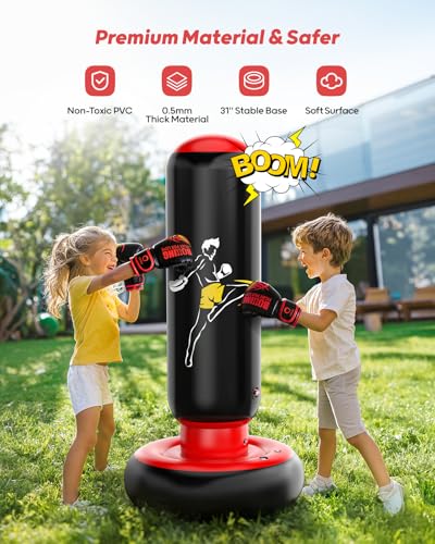 QPAU Kids Punching Bag Toy with Boxing Gloves, 66 Inch Larger Stable Kids Inflatable Boxing Bag Set, Gifts for Boys & Girls Age 6-12, for Practicing Karate, Taekwondo, MMA - Image 4