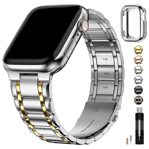 Fullmosa Metal Bands with Case [Watch NOT Included] Compatible with Apple Watch Strap 46mm (Series 10/11), Steel Apple Watch Band for iWatch Series 10 11,46mm（S11/10,Silver and Gold - Image 1