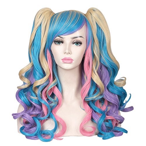 ColorGround Long Curly Cosplay Wig with 2 Ponytails(Pink/Blue/Blonde) - Image 1