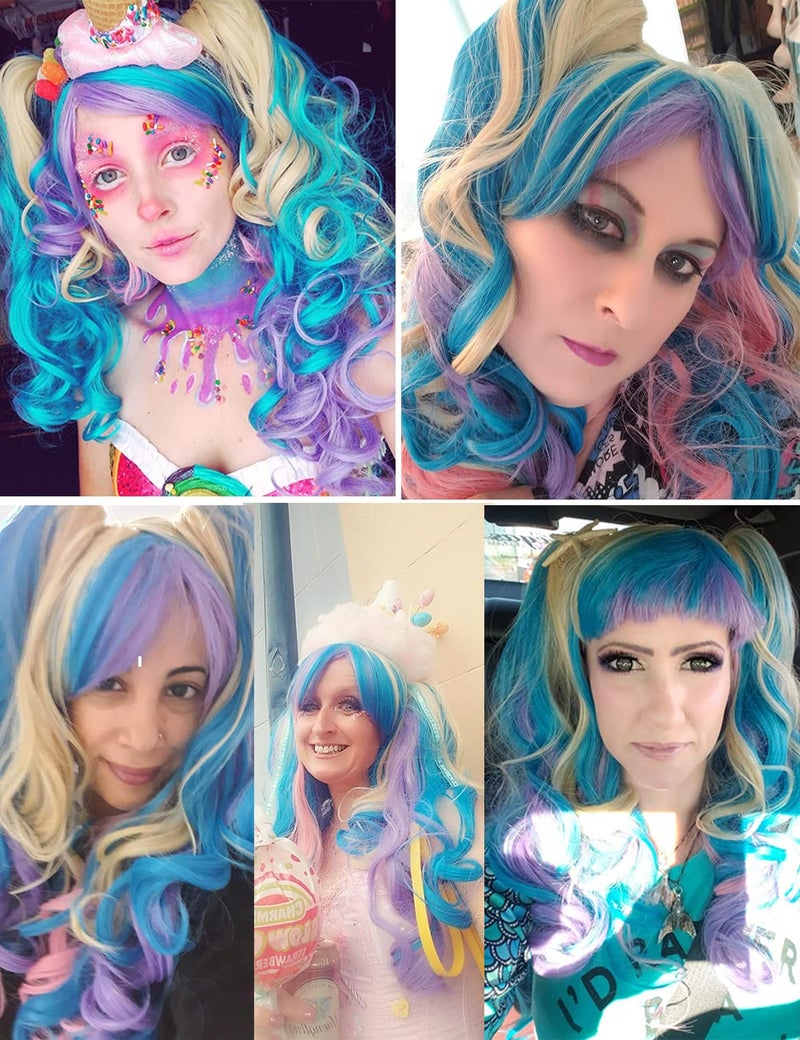 ColorGround Long Curly Cosplay Wig with 2 Ponytails(Pink/Blue/Blonde) - Image 3