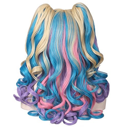 ColorGround Long Curly Cosplay Wig with 2 Ponytails(Pink/Blue/Blonde) - Image 5