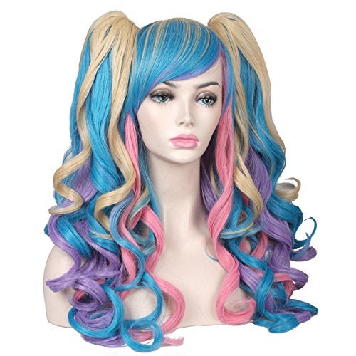 ColorGround Long Curly Cosplay Wig with 2 Ponytails(Pink/Blue/Blonde) - Image 4