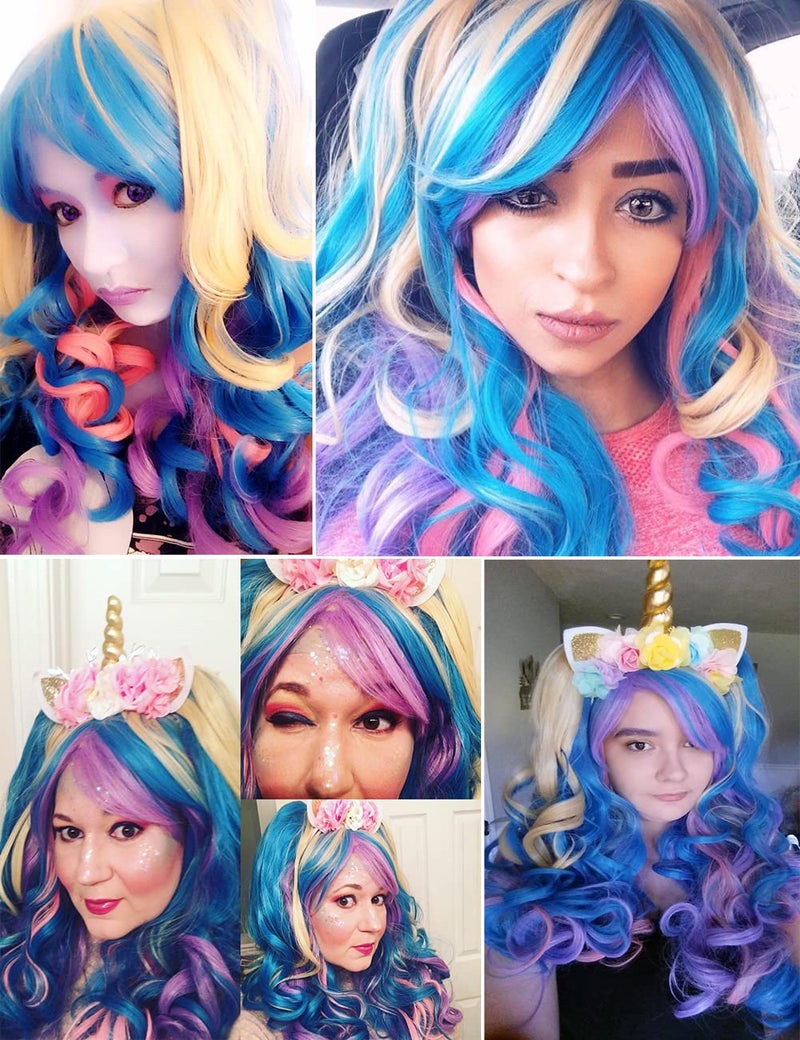 ColorGround Long Curly Cosplay Wig with 2 Ponytails(Pink/Blue/Blonde) - Image 2