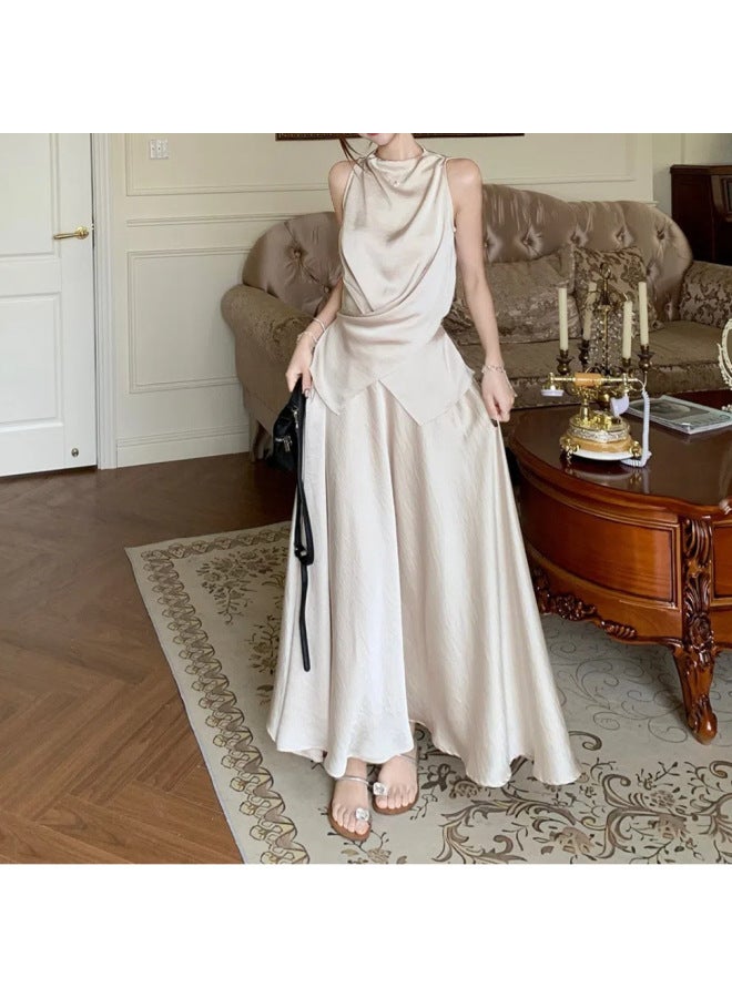 French Style Elegant Design Sense Irregular Satin Sleeveless Top Half Dress Women's Summer Two-piece Set 
