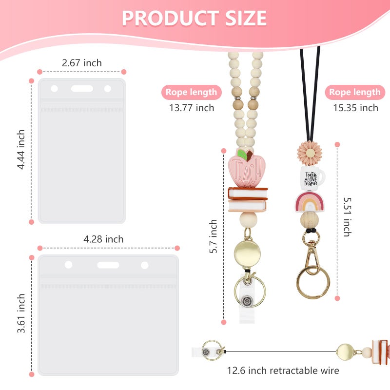 Frutain 2 Pcs Teacher Lanyards with 2 Pcs ID Badges Holder Retractable Breakaway Lanyard for Keys Cute Boho Wooden Beaded Lanyards Necklace for ID Badges Woman Teacher Nurse Officeï¼ˆAppleï¼‰ - Image 2