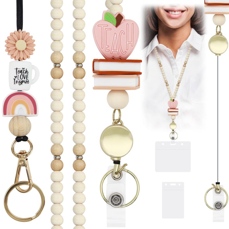 Frutain 2 Pcs Teacher Lanyards with 2 Pcs ID Badges Holder Retractable Breakaway Lanyard for Keys Cute Boho Wooden Beaded Lanyards Necklace for ID Badges Woman Teacher Nurse Officeï¼ˆAppleï¼‰ - Image 1