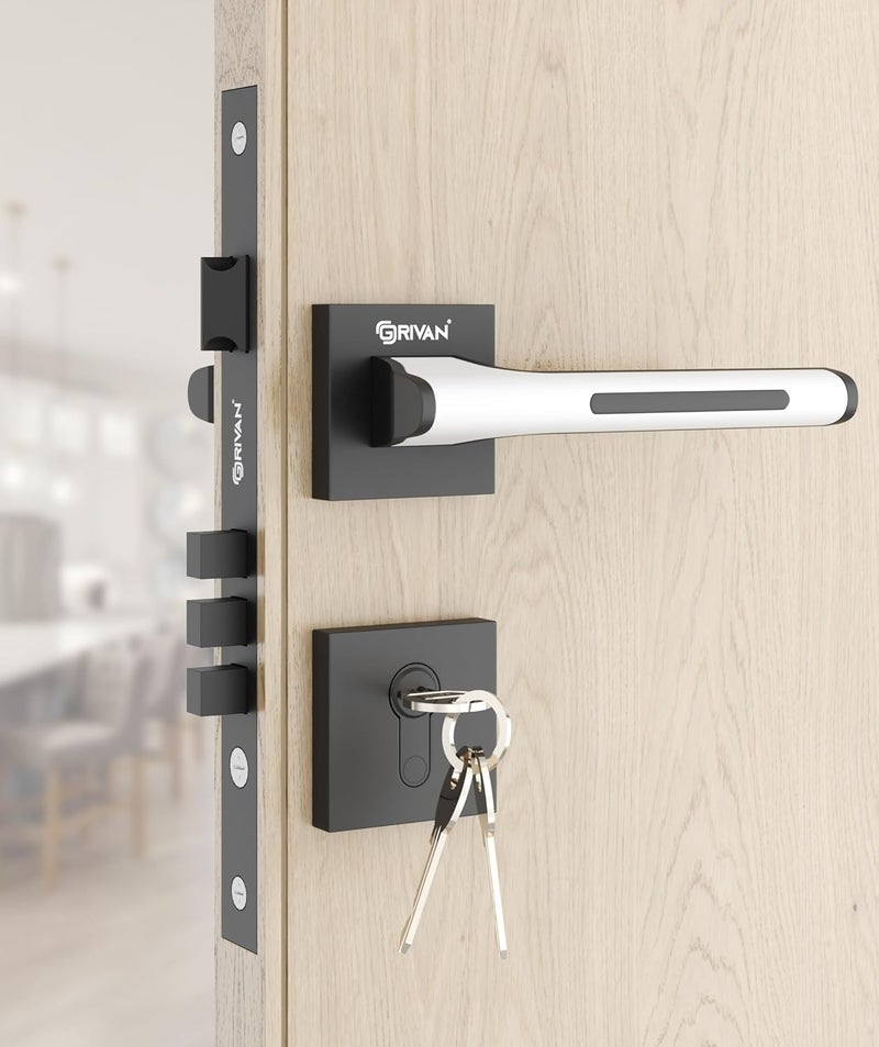 GRIVAN GRIVAN Heavy Duty Brass Mortise Lock for Doors Mortise Door Lock Handle for Main Internal Doors Durable Lock Body 3 Keys Included HomeOfficeHotel Black White Finish 2 Years Warranty  - Image 1