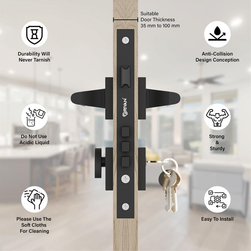 GRIVAN GRIVAN Heavy Duty Brass Mortise Lock for Doors Mortise Door Lock Handle for Main Internal Doors Durable Lock Body 3 Keys Included HomeOfficeHotel Black White Finish 2 Years Warranty  - Image 3