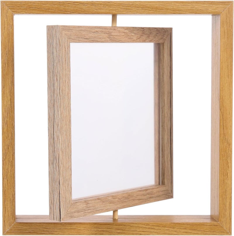 Wooden Square Photo Frame 7-inch Rotating Desktop Picture Display Stand for Home Office Décor - Image 1