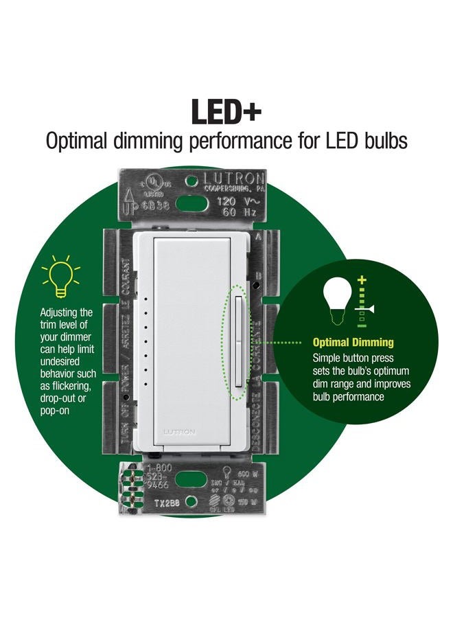 LUTRON Maestro C.L Dimmer Switch for Dimmable LED, Halogen & Incandescent Bulbs, Single-Pole or Multi-Location, MACL-153M-WH, White - Image 2