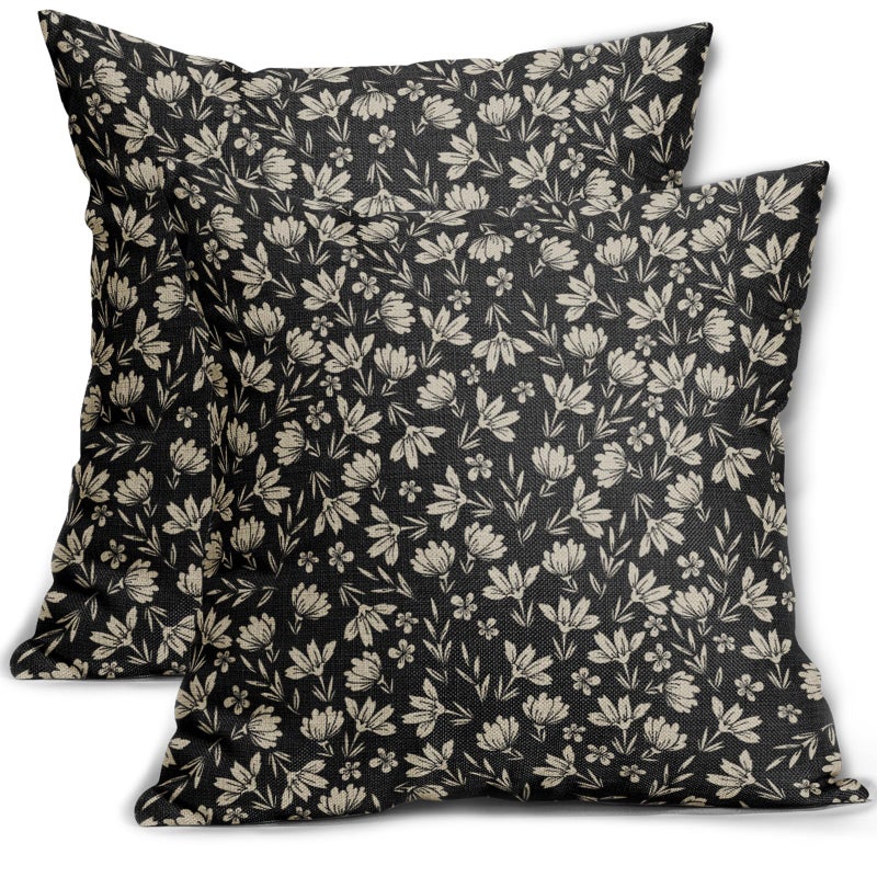 Vintage Flower Pillow Covers 20x20 Set of 2 Black Brown Floral Block Print Rustic Decorative Throw Pillows Outdoor Pillowcase Farmhouse Linen Cushion Case Decor for Home Sofa Couch Bed