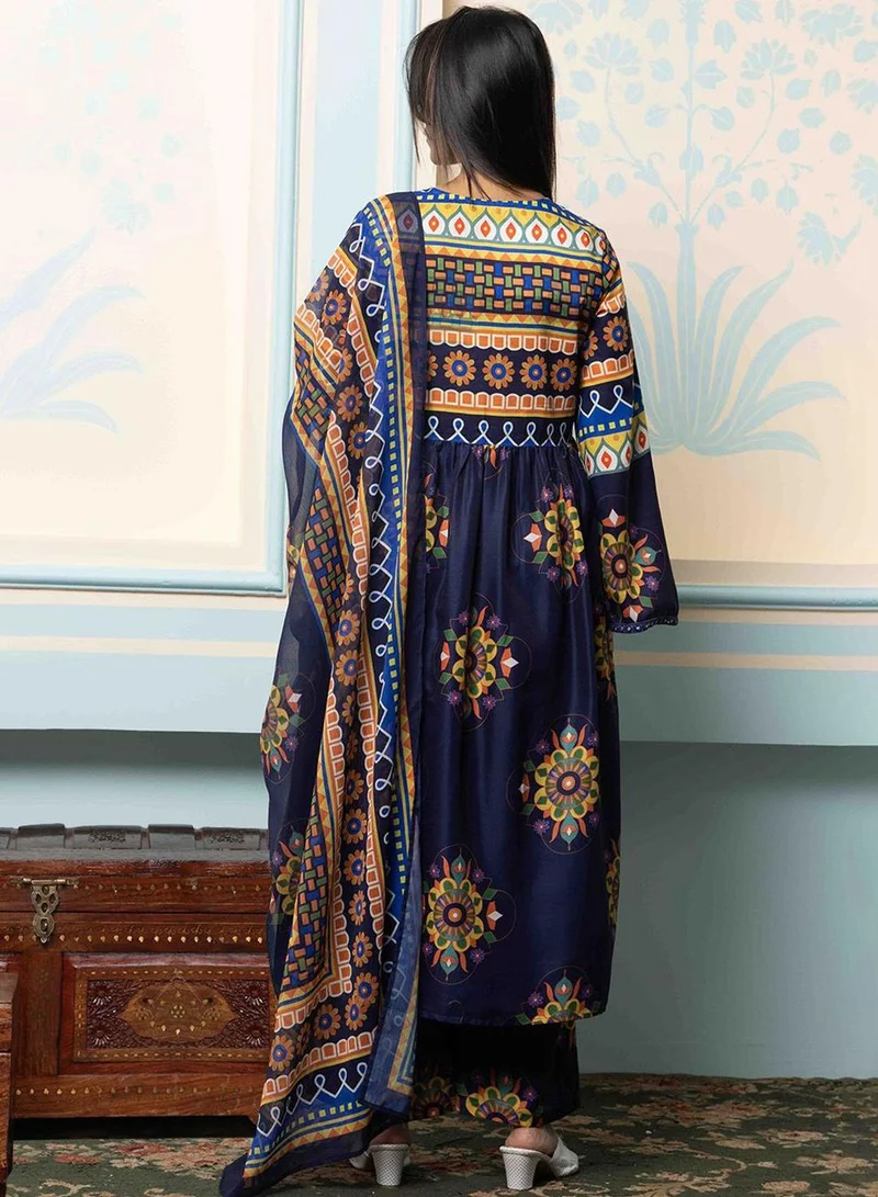 ISHIN  Women'S Navy Blue 100% Cotton Printed Anarkali Kurta Set for Women | Best Price UAE