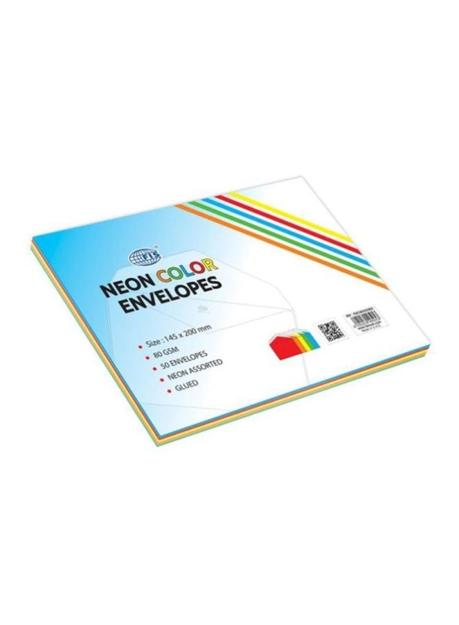 FIS Neon Assorted Color Envelopes, Glued, 145 x 200 mm, 80 GSM, Pack of 50 - Image 2