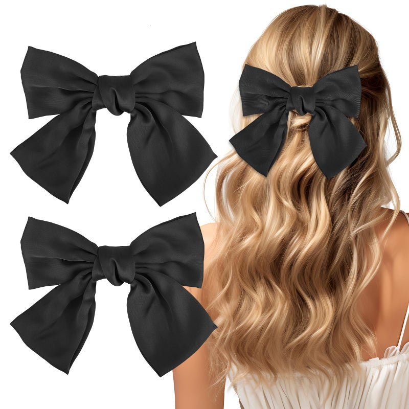 Andibro 2 Pcs 6 Hair Bows for Women Short Satin Hair Bow Clips Silky Double Layer Big Hair Bows Black Hair Bow Barrettes Cute French Hair Styling Accessories for Women GirlsBlack