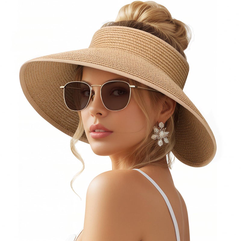 Pleneal Sun Visor Hats for Women, Wide Brim Straw Beach Ponytail Hats, UPF 50+ Summer Packable Foldable Roll up Topless Hat - Image 1