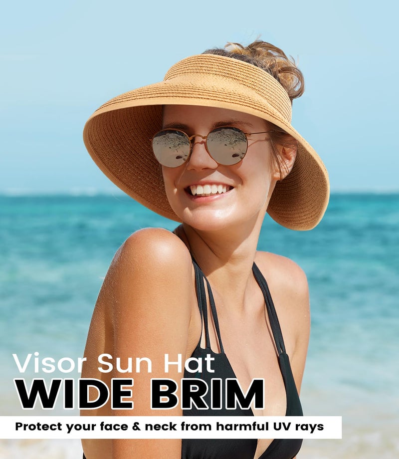 Pleneal Sun Visor Hats for Women, Wide Brim Straw Beach Ponytail Hats, UPF 50+ Summer Packable Foldable Roll up Topless Hat - Image 4