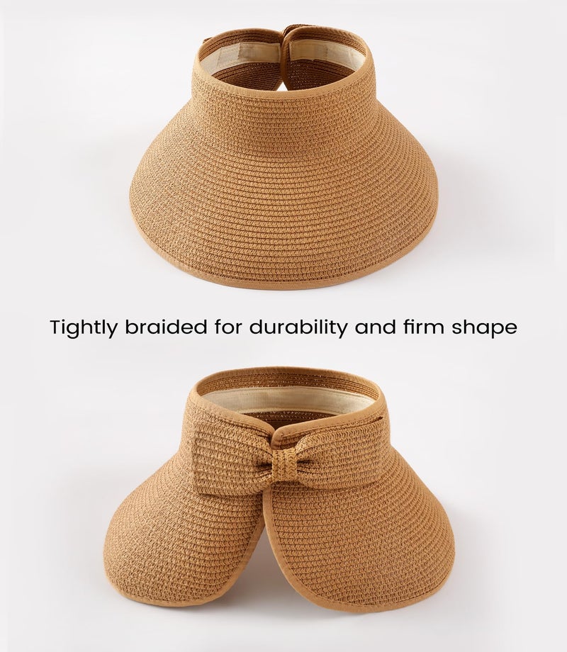 Pleneal Sun Visor Hats for Women, Wide Brim Straw Beach Ponytail Hats, UPF 50+ Summer Packable Foldable Roll up Topless Hat - Image 5