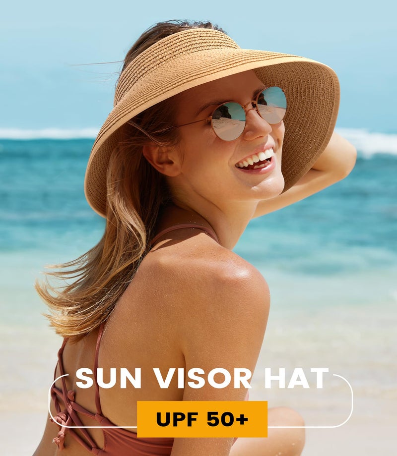 Pleneal Sun Visor Hats for Women, Wide Brim Straw Beach Ponytail Hats, UPF 50+ Summer Packable Foldable Roll up Topless Hat - Image 3