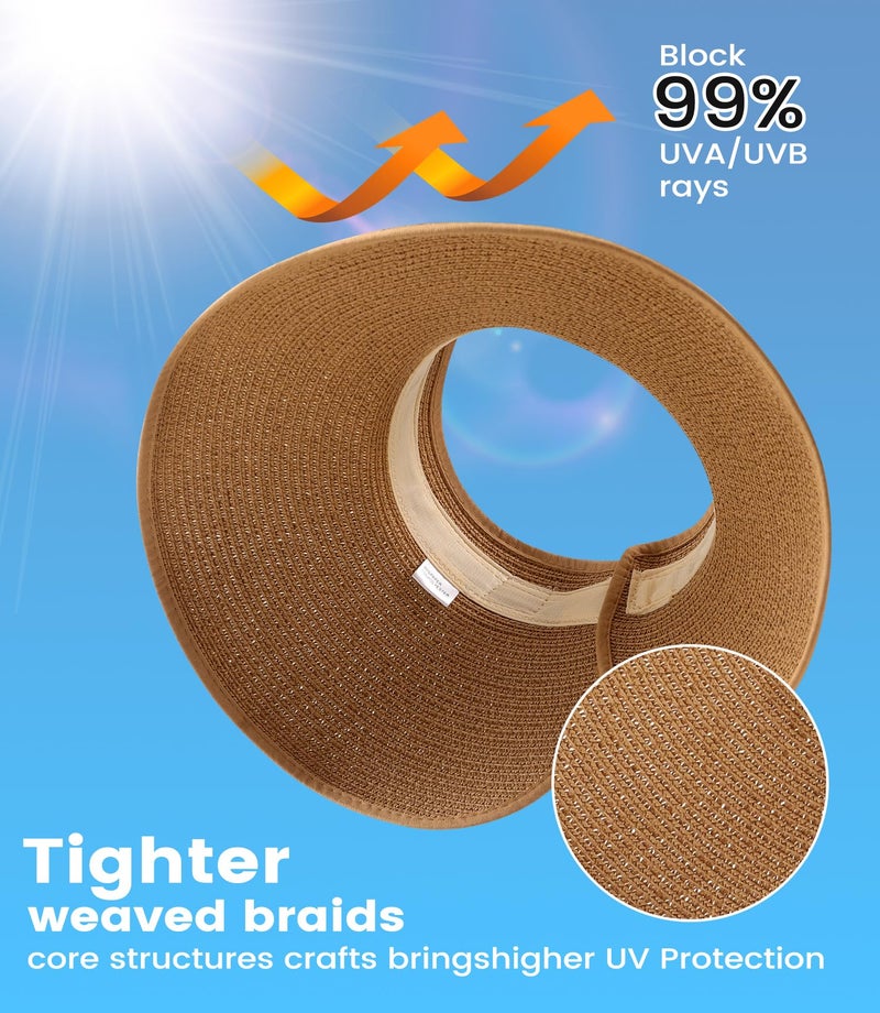 Pleneal Sun Visor Hats for Women, Wide Brim Straw Beach Ponytail Hats, UPF 50+ Summer Packable Foldable Roll up Topless Hat - Image 2