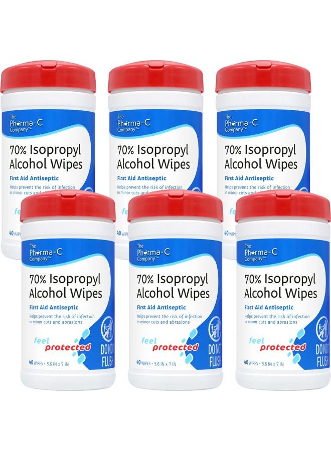 Pharma-C-Wipes مناديل كحول إيزوبروبيل 70% من فارما-سي [6 عبوات - 40 قطعة] - مطهر جروح للإسعافات الأولية مع غطاء قفل رطوبة. للاستخدام في الجروح الصغيرة والخدوش والحروق. - Image 1