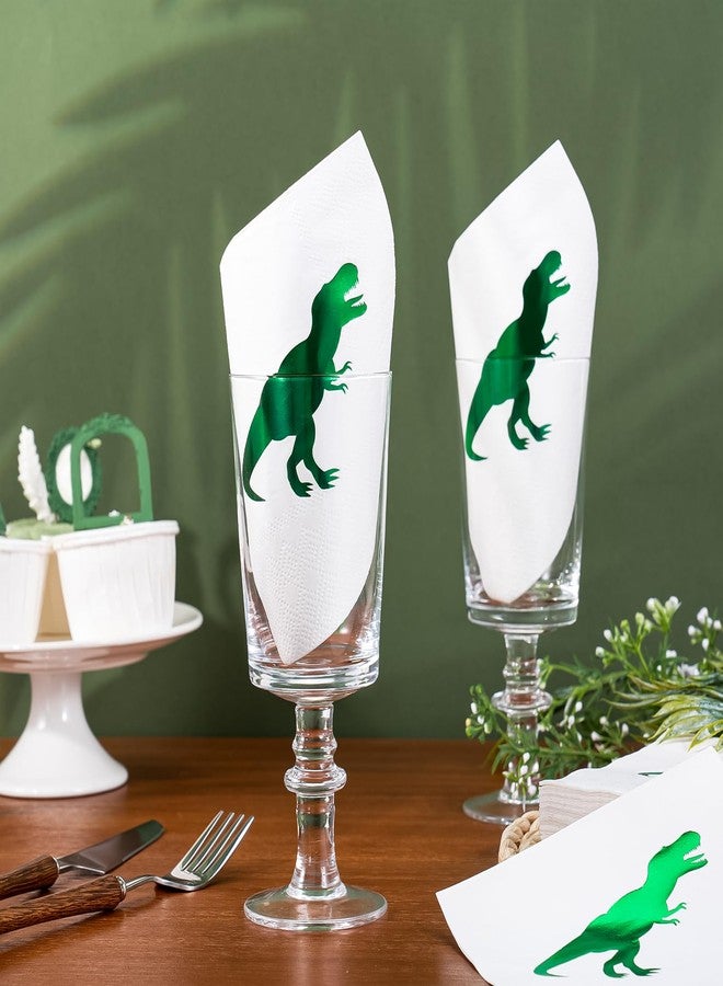 WRAPAHOLIC 25Pcs Dinosaur Birthday Cocktail Napkins - 3-Ply Green Foil Fierce Dinosaur Disposable Paper Napkins for Baby Shower Party Tableware Party Supplies - 5 x 5 In - Image 4