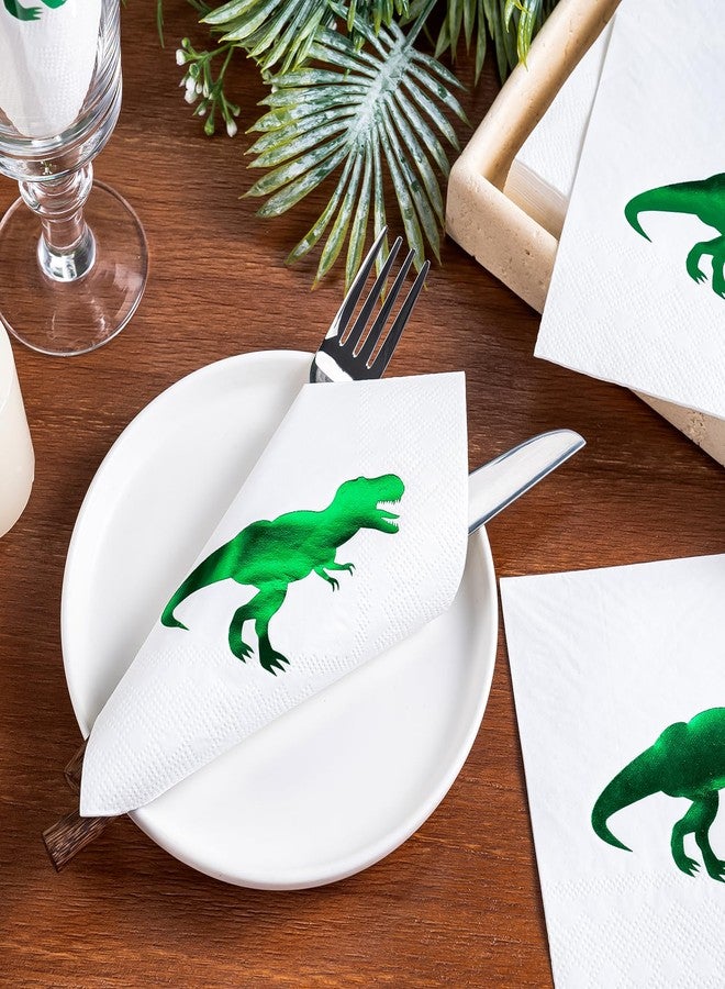 WRAPAHOLIC 25Pcs Dinosaur Birthday Cocktail Napkins - 3-Ply Green Foil Fierce Dinosaur Disposable Paper Napkins for Baby Shower Party Tableware Party Supplies - 5 x 5 In - Image 5