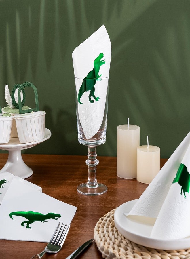 WRAPAHOLIC 25Pcs Dinosaur Birthday Cocktail Napkins - 3-Ply Green Foil Fierce Dinosaur Disposable Paper Napkins for Baby Shower Party Tableware Party Supplies - 5 x 5 In - Image 3