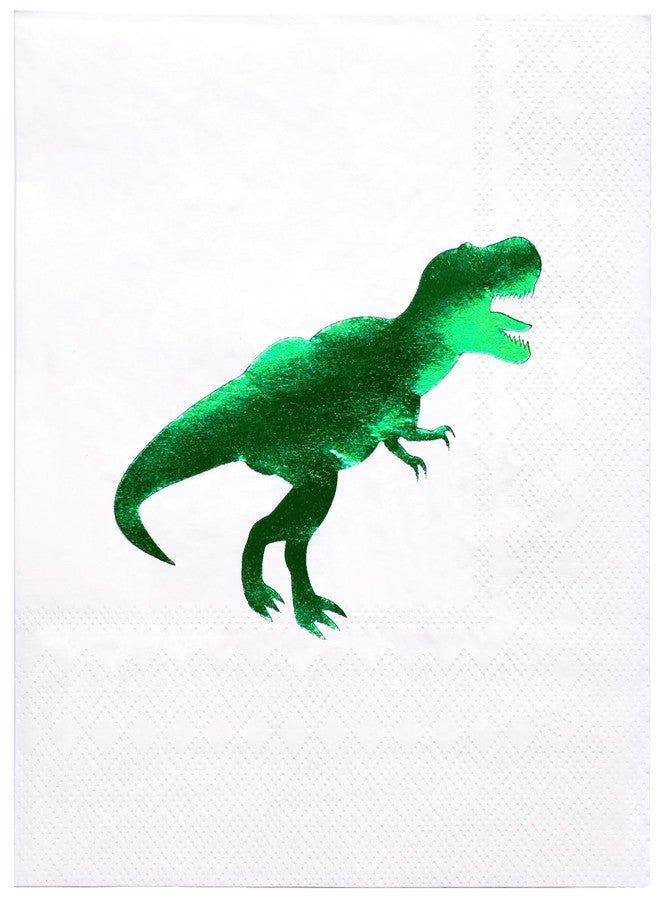 WRAPAHOLIC 25Pcs Dinosaur Birthday Cocktail Napkins - 3-Ply Green Foil Fierce Dinosaur Disposable Paper Napkins for Baby Shower Party Tableware Party Supplies - 5 x 5 In - Image 1