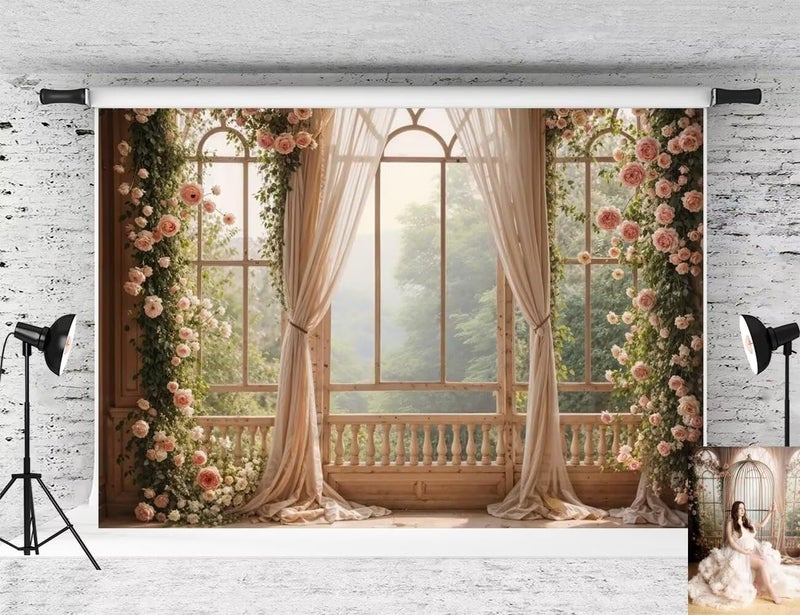 Kate Spring Pink Flowers Backdrop Window Room Background Whie Curtain Green Tree Photo Background Studio Props,7x5ft - Image 1